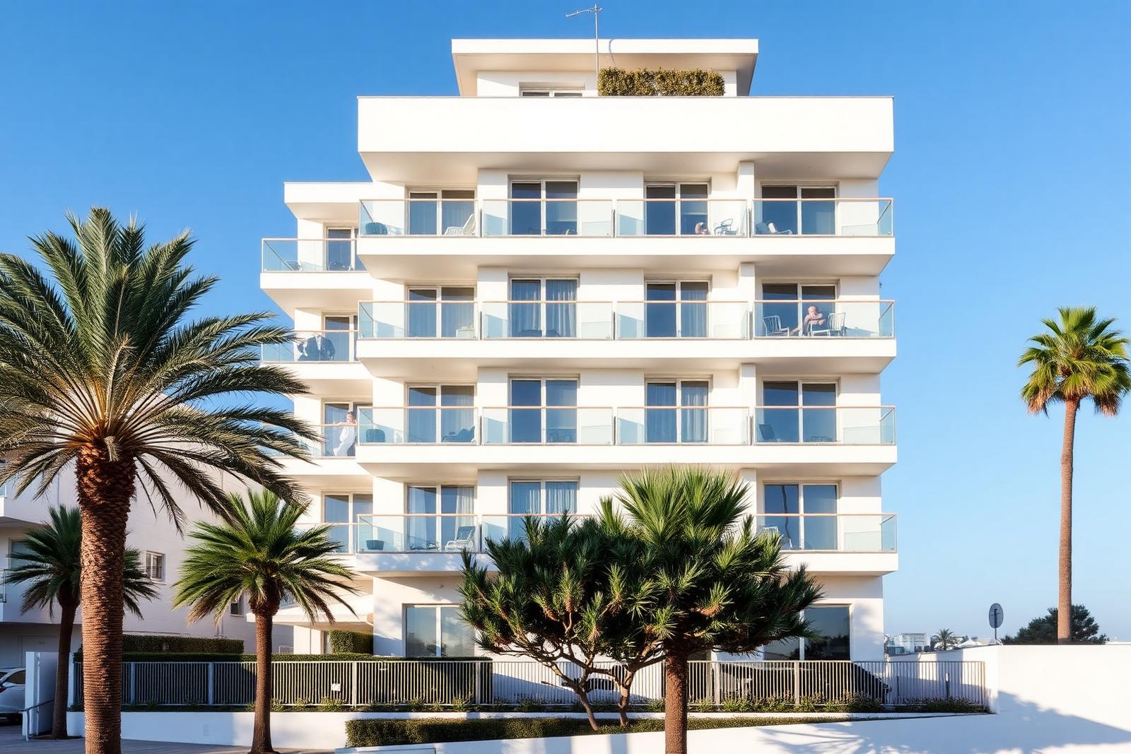 Fachada de prédio de apartamentos com varandas junto ao mar
