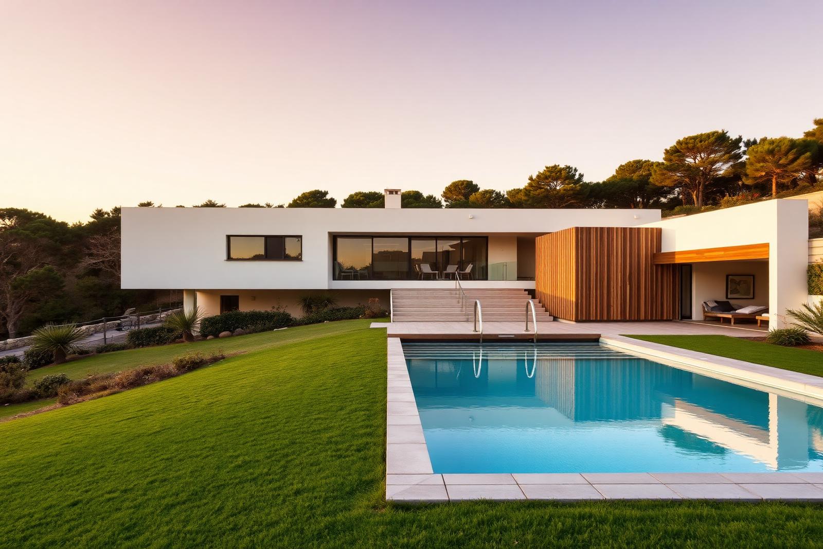 Moradia contemporânea com piscina exterior e jardim relvado