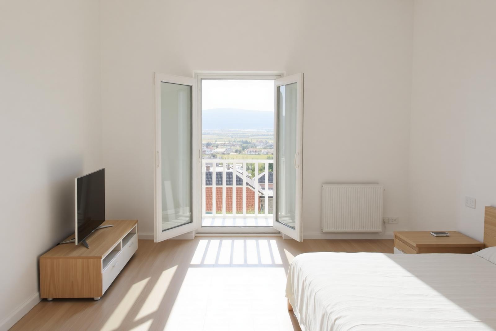 Sala clara com porta de varanda aberta e vista sobre casas baixas